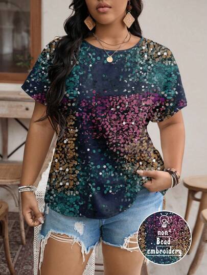 Glamance Warp Atelie Women Multicolor Plus Size Blouses Short Sleeve Round Neck Casual Colorblock,All Over Print,Plain Summer Outfits For Women Summer Tops Going Out