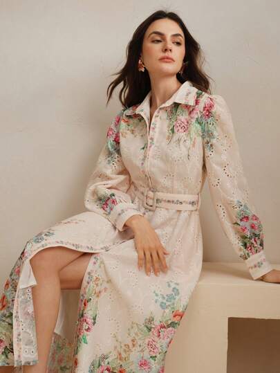 Anewsta 法式单排扣灯笼袖缺口领印花宽松腰带长连衣裙，女士春季服装