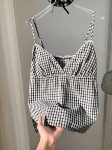 Comfortcana Women's Black & White Plaid V-Neck Ruffle Camisole