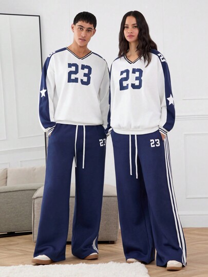 Manfinity VCAY Set de 2 piezas: Sudadera de manga larga con cuello en V, hombros caídos y patrón numérico tejido de corte holgado, y pantalón de chándal acampanado de cintura alta con cordón y forro térmico, para otoño e invierno