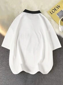 Manfinity Campus Court Men's Plain Color Block Letter Print Front Button Casual Polo Shirt