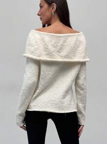 Aloruh 女士金属装饰露肩休闲毛衣，秋冬 - 棕色 - 查看 2