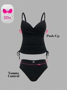 Swim DD+ Conjunto de parte superior con tirantes de espagueti y sostén y bikini a juego de unicolor, serie DD, atuendo para playa para mujer
