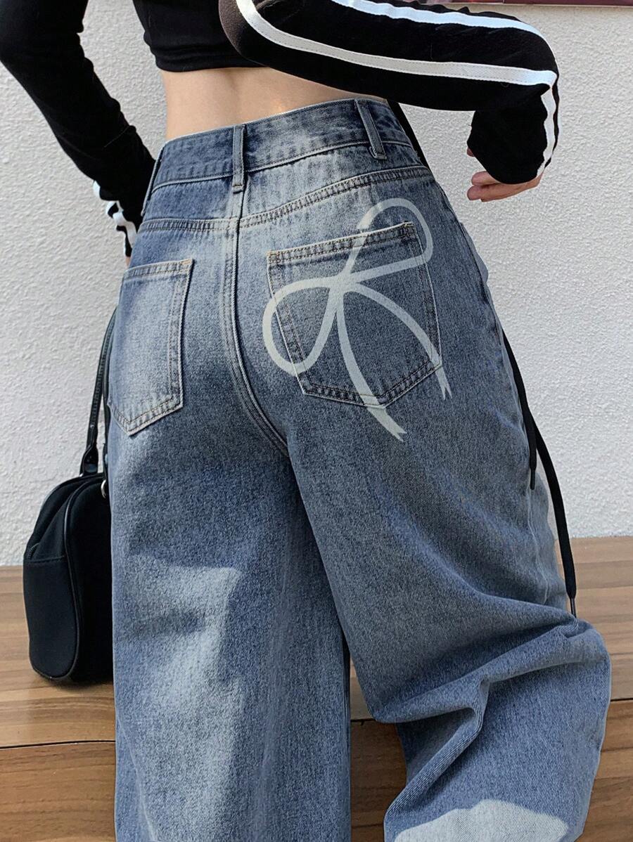 DAZY Women Front Button Pocket Simple Casual Bow Print Wide Leg Jeans Summer,Fall Clothes - Blue - View 1