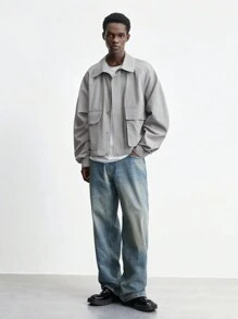 Maija 男士前拉链长袖口袋休闲夹克，简约日常穿着 - 灰色 - 查看 2