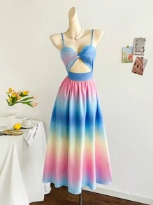 Soleia Vacation V-Neck Crisscross Waist A-Line Ombre Print Midi Slip Spring Dress Easter Dress For Women