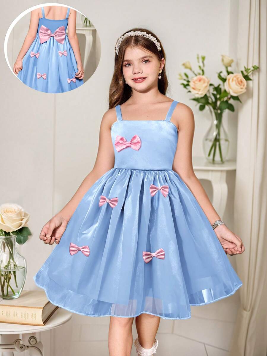 SHEIN 1pc Tween Girl 3D Bow Princess Puffy Tulle Dress, Spring/Summer - Blue - View 1