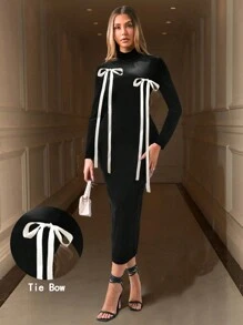 Zolique Damen Einfarbiges Patchwork Schleifen-Langarm Lässig Maxikleid, Abendkleid, Geburtstagsoutfit für Damen, Silvester Outfit, Samt Maxikleid für den Winter - Schwarz - Übersicht 1