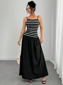 Chiquease Fashionable & Elegant Striped Knitted Camisole Dress With Contrasting Colors