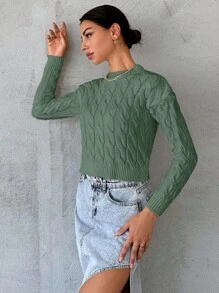 RueChic Solid Pointelle Knit Crop Sweater - Lime Green - View 3