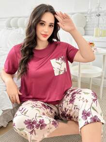 Plus Size Floral Print Short Sleeve Pocket Shirt And 3/4 Pants Set, Homewear