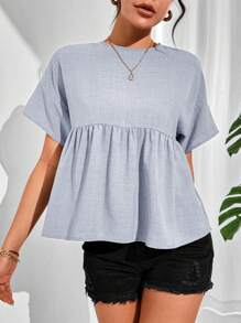 SHEIN Essnce Women's Plain Scoop Neck Batwing Sleeve Pleated Casual Blouse