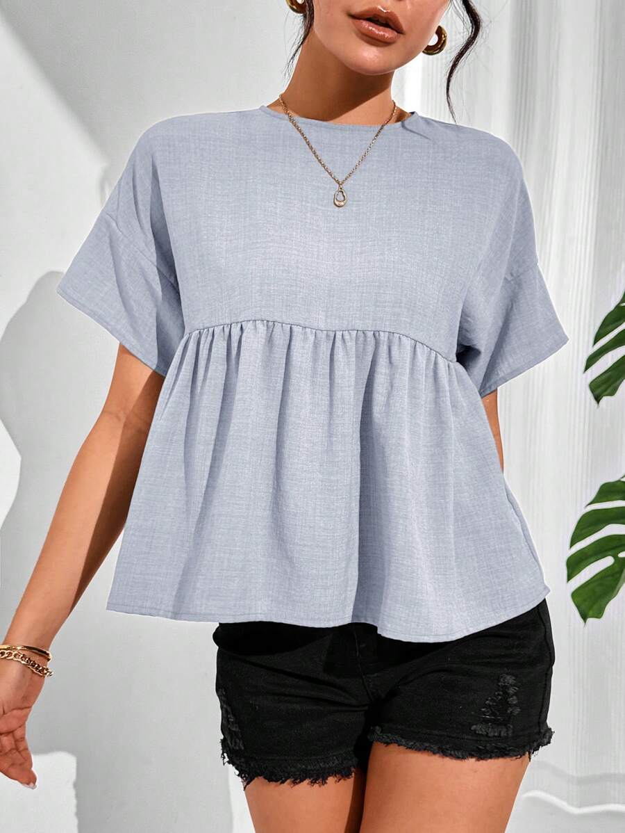 SHEIN Essnce Women's Plain Scoop Neck Batwing Sleeve Pleated Casual Blouse