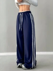 SHEIN EZwear Women's Spring Summer Daily Wear Y2K Fashion Streetwear Preppy Homecoming Casual Knit Lace Banded Texture Decoration Drawstring Elastic Waistband With Pockets Navy Blue Wide Leg Sweatpants