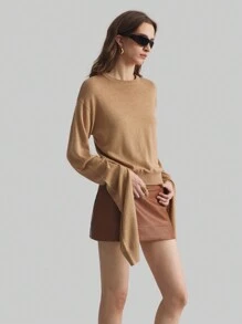 Ontre Camel High-End Springtime New Year Knitted Designer Round Neck Sweater With Extra Long Sleeves - Khaki - View 4