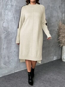 EMERY ROSE Plus Size Bodycon Turtleneck Sweater Dress With Side Slit Design, High-Low Hem, Color-Blocked Sleeves. Made With Multicolored Yarn For A Comfortable And High-Quality Feel.Parties, Music Festivals, Home Wear, Back-To-School Events, Gifting, And Shopping.Turtleneck Sweater,Winter Women Dress,Elegant Women Dresses,Fall Clothes Curve,Winter Clothes,Office Dress,Classy Dress,Elegant Dresses