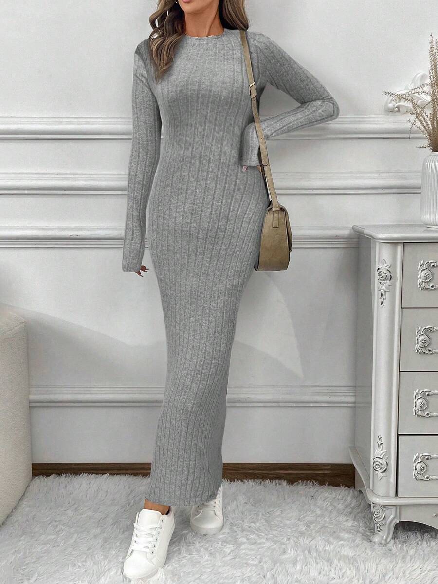 SHEIN LUNE 女士保暖内衬罗纹针织长款紧身连衣裙，黑色，秋冬款 - 灰色 - 查看 1