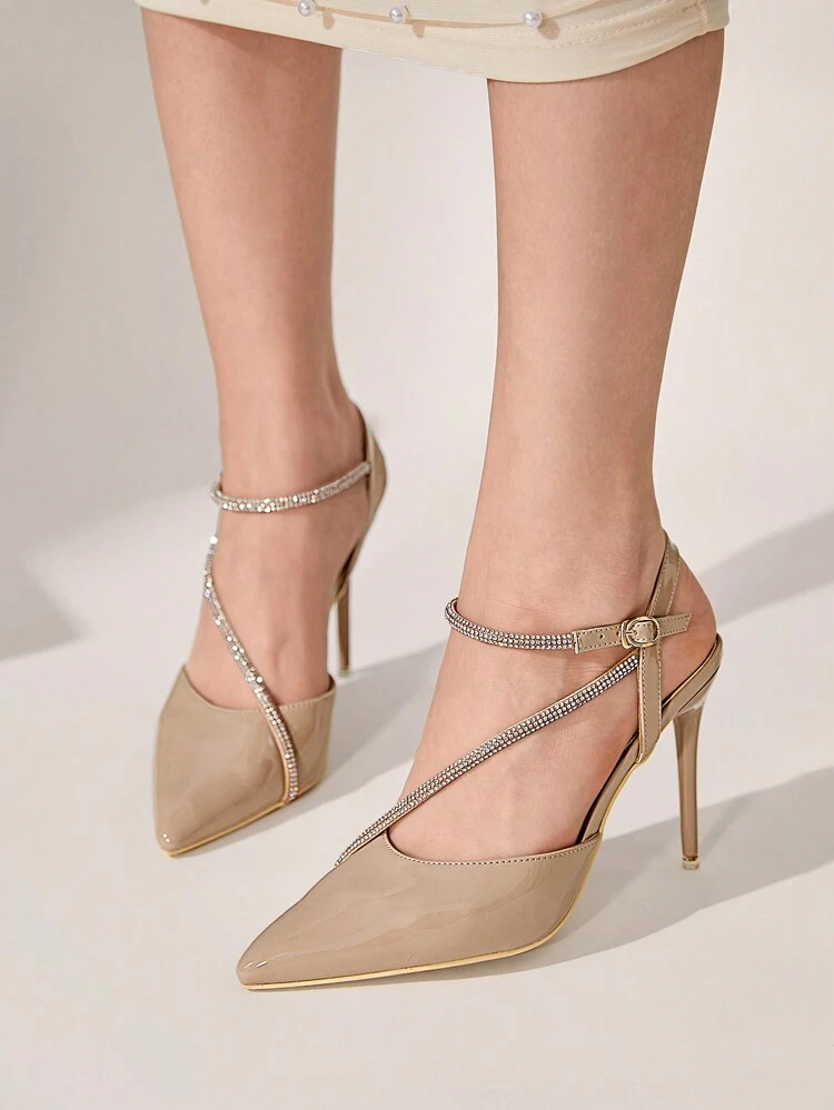 CUCCOO CHICEST Sapatos de Salto Alto Fino Pontudo Feminino com Decoração de Strass, Elegante e Fashion em Couro Sintético Bege, para Festa/Casamento/Encontros