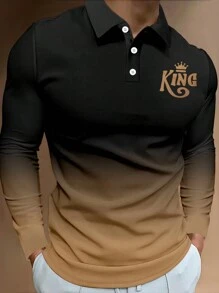 Manfinity Homme Herren Lässig Polohemd mit Buchstaben-Krone Farbverlauf-Muster und langen Ärmeln