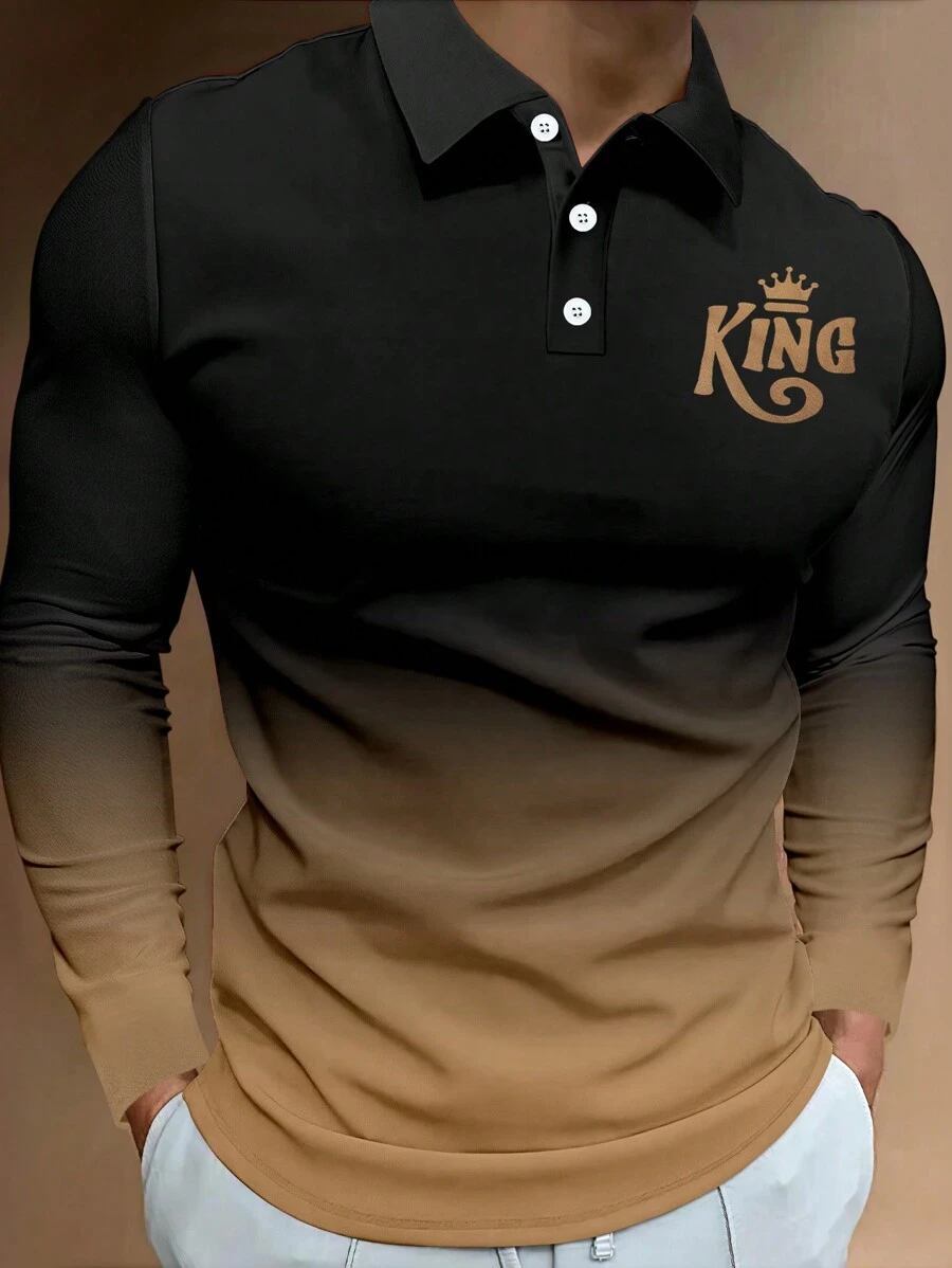 Manfinity Homme Herren Lässig Polohemd mit Buchstaben-Krone Farbverlauf-Muster und langen Ärmeln