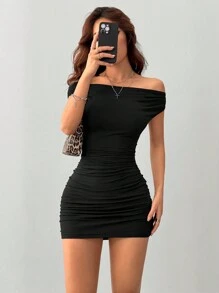 INAWLY Off Shoulder Ruffle Mini Dress, Sexy - Black - View 4