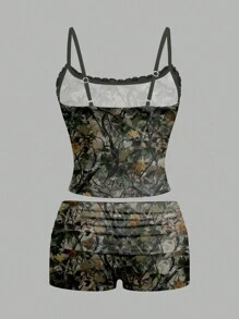 ORANGE STUDIO Artist Y2k Women's Camo Sexy Lace & Branch Print Knit Camisole Top And Shorts 2 Pieces Set, For Holiday, Vacation, Spring & Summer, Going Out Rave Outfits Festival, Ibiza Fits