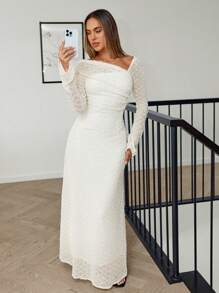 Siren Gaze 派对礼服 女士不对称领口花卉植绒网眼优雅连衣裙 - 杏色 - 查看 7