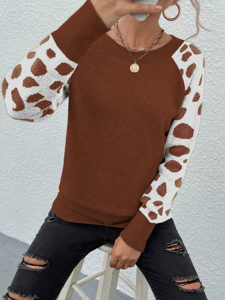 SHEIN LUNE Suéter de punto casual de cuello redondo de manga larga con parches de unicolor para mujer, suéter de punto de otoño e invierno - Café integral - Ver 1
