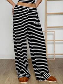 SHEIN EZwear Pantalones de punto a rayas negras y blancas informales para mujer