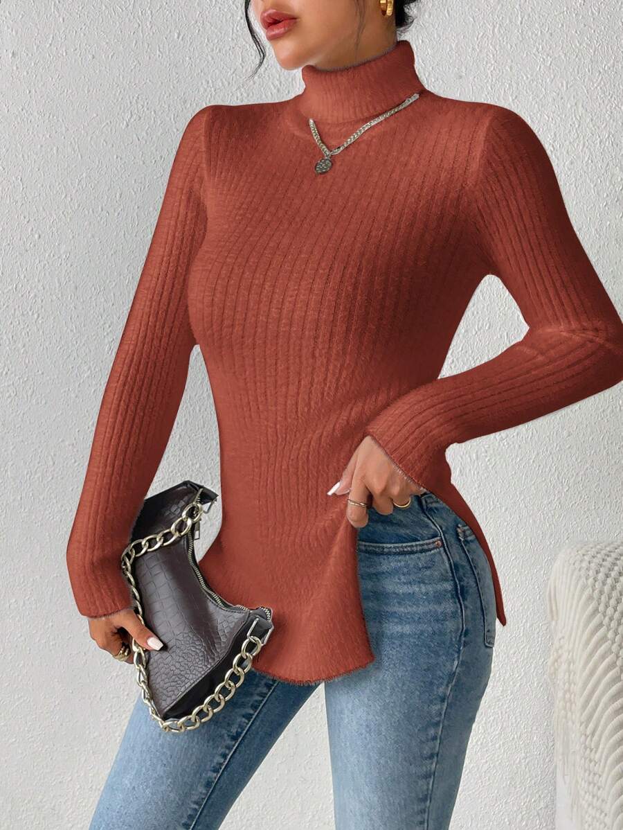SHEIN Frenchy Solid Color High Neck Side Slit Fitted Sweater, Casual Autumn/Winter Christmas New Year Red Burgundy - Burgundy - View 1