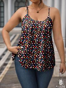 SHEIN LUNE Plus Size Women Heart Print Ruched Loose Cami Top, Valentine's Day - Black - View 6