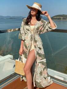 DAZY 女士 V 领花卉印花宽松度假海滩罩衫，绿色，春夏 - 綠色 - 查看 5