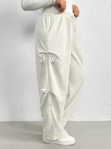SHEIN Frenchy Pantalón de chándal gris cómodo y holgado con diseño de lazo para tallas grandes