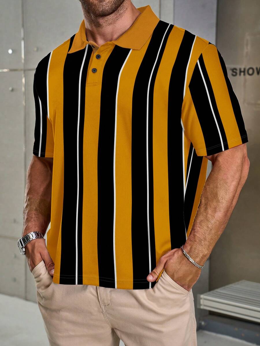 Manfinity Homme Plus Size Men Striped Short Sleeve Casual Commuting Polo Shirt - Multicolor - View 1