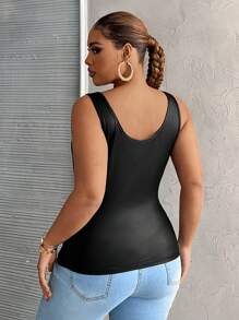 Slaydiva Plus Size Casual All-Match Black Faux Leather Cami Top With Deep U-Neck And Racerback - Black - View 2