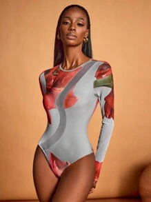 HEAVINZ LANE Designer Boho Bohemian Grey Rose Printed Mesh Sheer Long Sleeve Bodysuits Vacation Outfits, Spring & Summer, Beach, Festival, Ibiza Fits - Grey - View 7