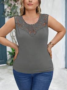 SHEIN Clasi 大码女式纯色对比蕾丝圆领优雅吊带背心 - 灰色 - 查看 6