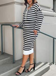 SHEIN LUNE 2 Stücke/Set Gestreiftes Oberteil mit Knopfleiste und lang Ärmeln in Große Größen, Bleistiftrock, romantische Lässig Valentinstag Damenkleidung, Geburtstagskleid für Frauen, Neujahrskostüm für Frauen, Valentinstag-Liebes-2-teiliges Set für Damen