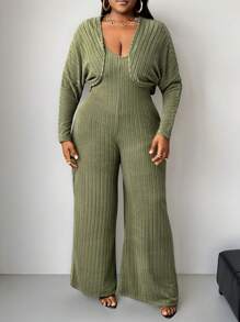 Slaydiva Plus Size Women V-Neck Solid Color Plush Ribbed Green Tracksuit Set, Casual Homewear