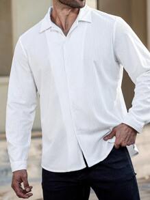 Manfinity Homme 大码男士长袖单排扣休闲纯色衬衫，秋季 - 白色 - 查看 5