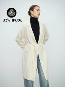 Aalyst Autumn/Winter 32% Wool Women Casual V-Neck Cardigan, Loose Knitted Sweater With Thick Waist Belt, Outerwear