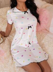 SweetSlumber Rochie de noapte pentru femei cu design în contrast de culori, cu inimă și fundă, stil Ins-Style, cu fundă