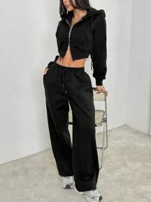 SHEIN PETITE 2pcs/Set Solid Color Hooded Zip-Up Jacket And Pocketed Pants - Black - View 6