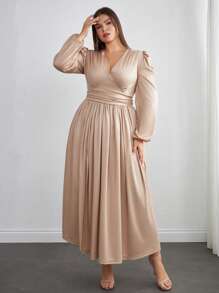 EURMUSE Plus Size Solid V-Neck Long Sleeve Slit Pleated Hem Dress - Beige - View 5