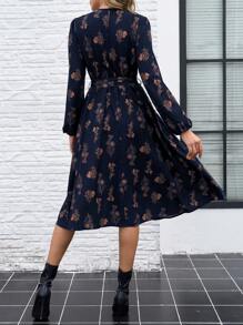 SHEIN Clasi Vestido casual de mujer de manga larga y cuello redondo con estampado total, versátil para otoño/invierno