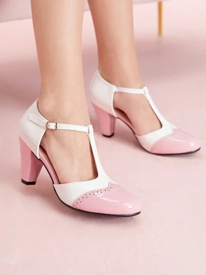 CUCCOO DOLLMOD 经典复古风格白色和粉色撞色女士高跟一脚蹬玛丽珍鞋