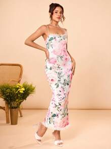 Neda Designer Multicolor Romantic Rose Floral Flower Print Bodycon Lace Trim Camisole Dress, Festival, Prom Dress, Brunch Outfits, Tea Party Dress