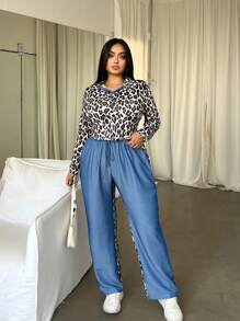 SHEIN Slayr Set de 2 piezas de top de manga larga y pantalones en parchwork con estampado de leopardo azul