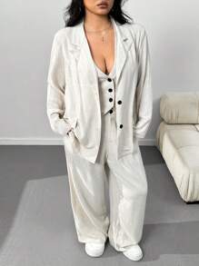 SHEIN EZwear Spring Linen Lightweight Mandarin Collar Front Button Down Jacket, Minimalist Sleeveless Top And Pants Casual Plus Size Suit Graduation,Back To School,Teacher Outfits For Women In Fall/Winter