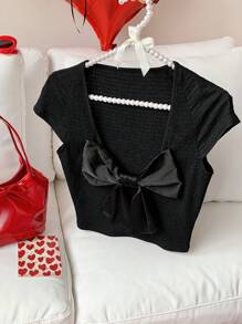 Comfortcana Women's Elegant Solid Color Bow Decor Cropped T-Shirt - Black - View 5